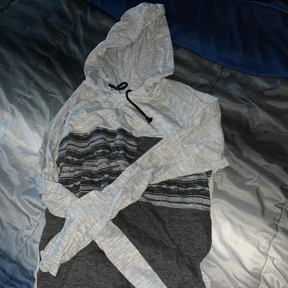Hooded shirt with grey and blackish stripes